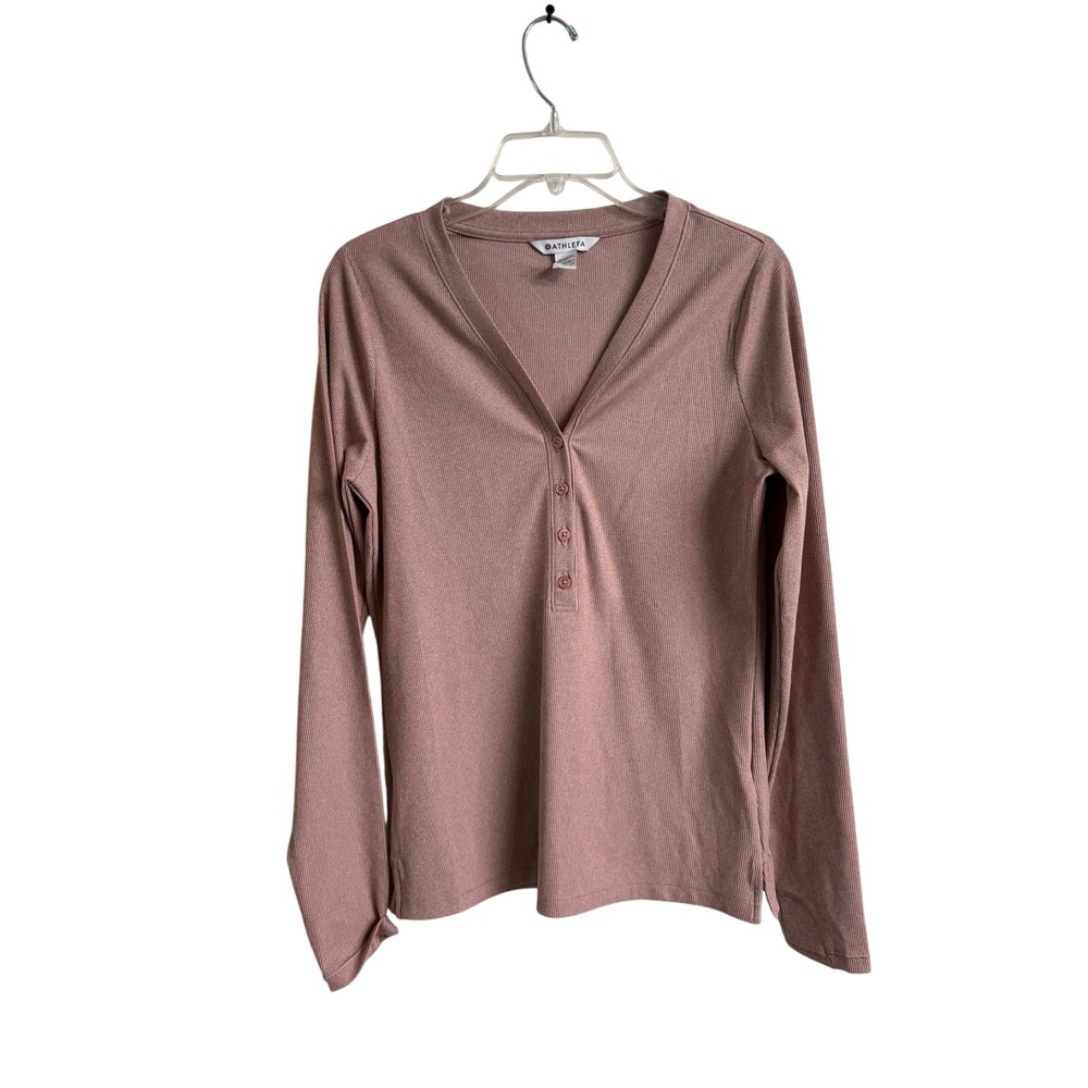Athleta Womens Ribbed Henley Top Dusty Rose Long Sleeve Thumbhole V-Neck Medium